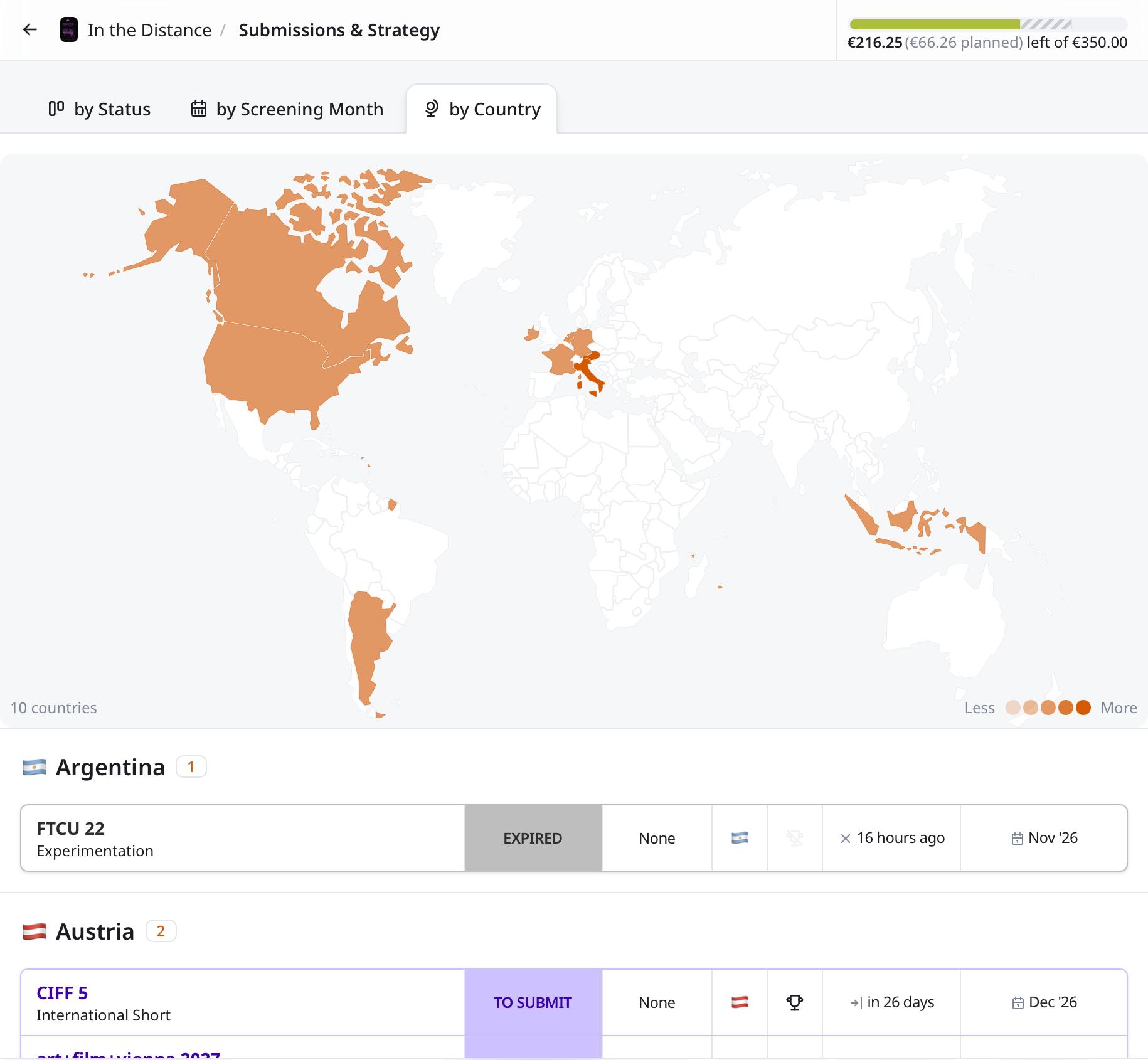 World map of potential screenings with festivals listed by country
