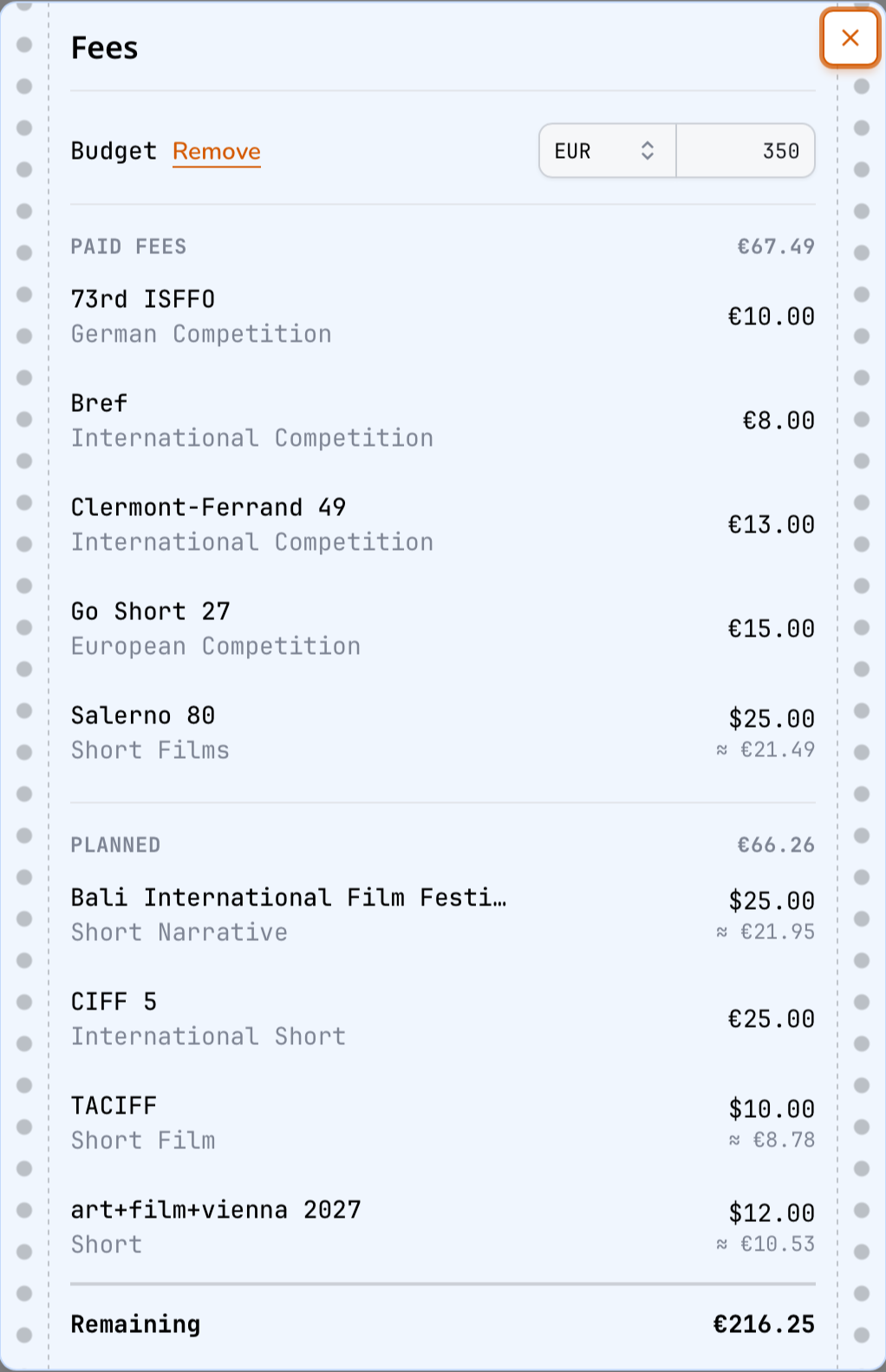 Submission budget with paid and planned fees in original and converted currencies