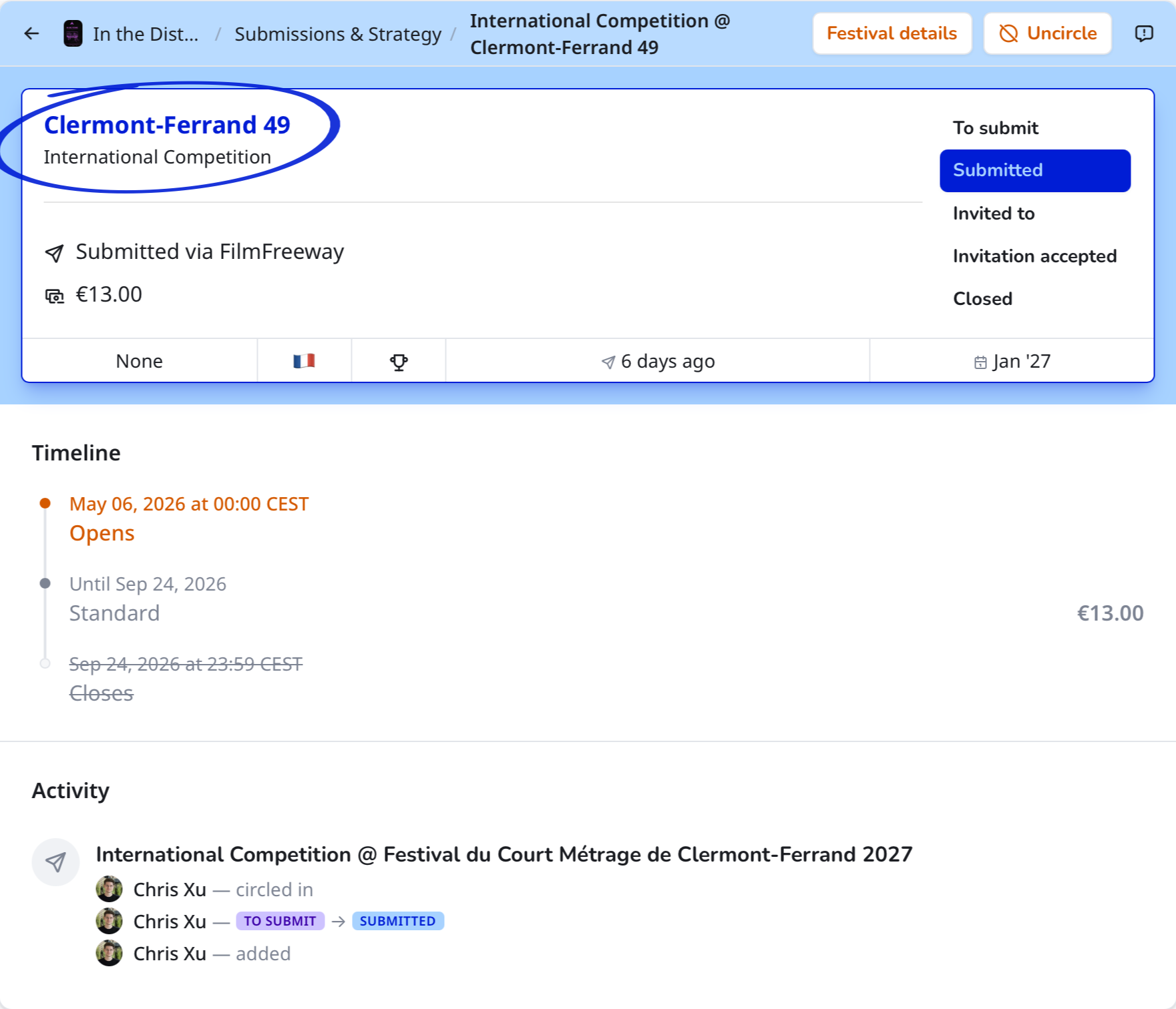 Submission details with status, fee tiers, deadlines, and activity