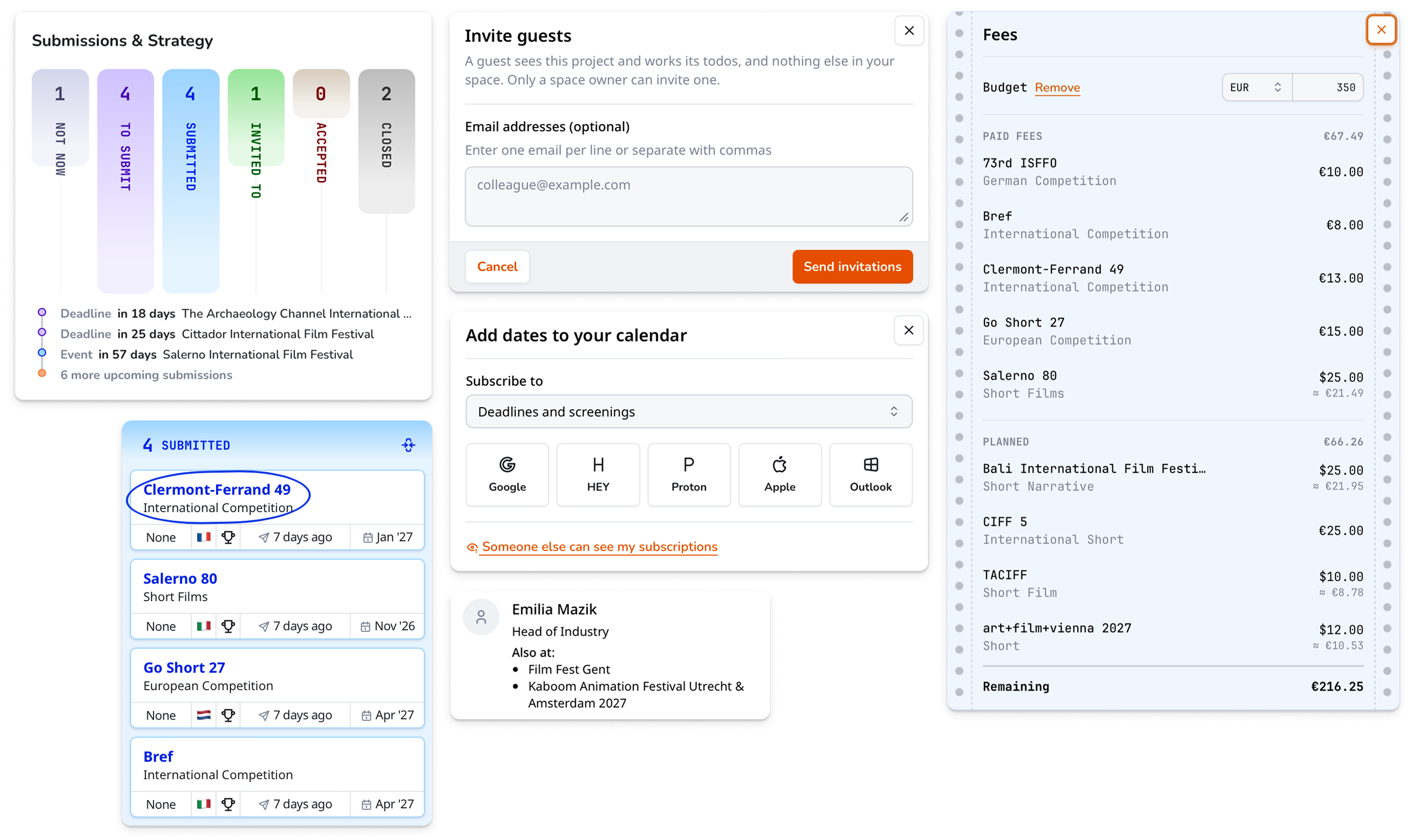 Screentour features: submission tracking, guest invitations, calendar subscriptions, industry contacts, and fee budgets