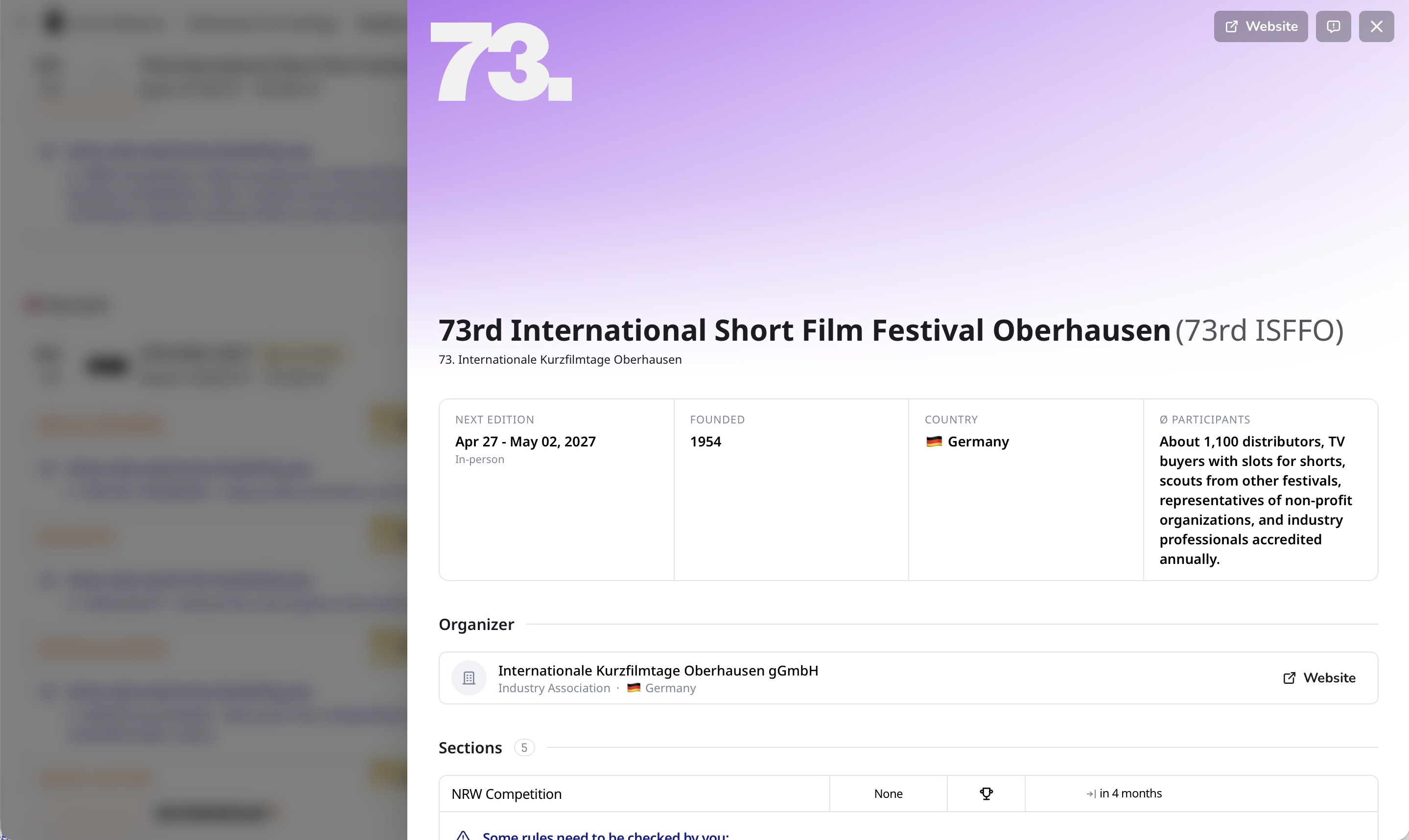 Expanded festival edition panel with festival details, organizers, and competition sections