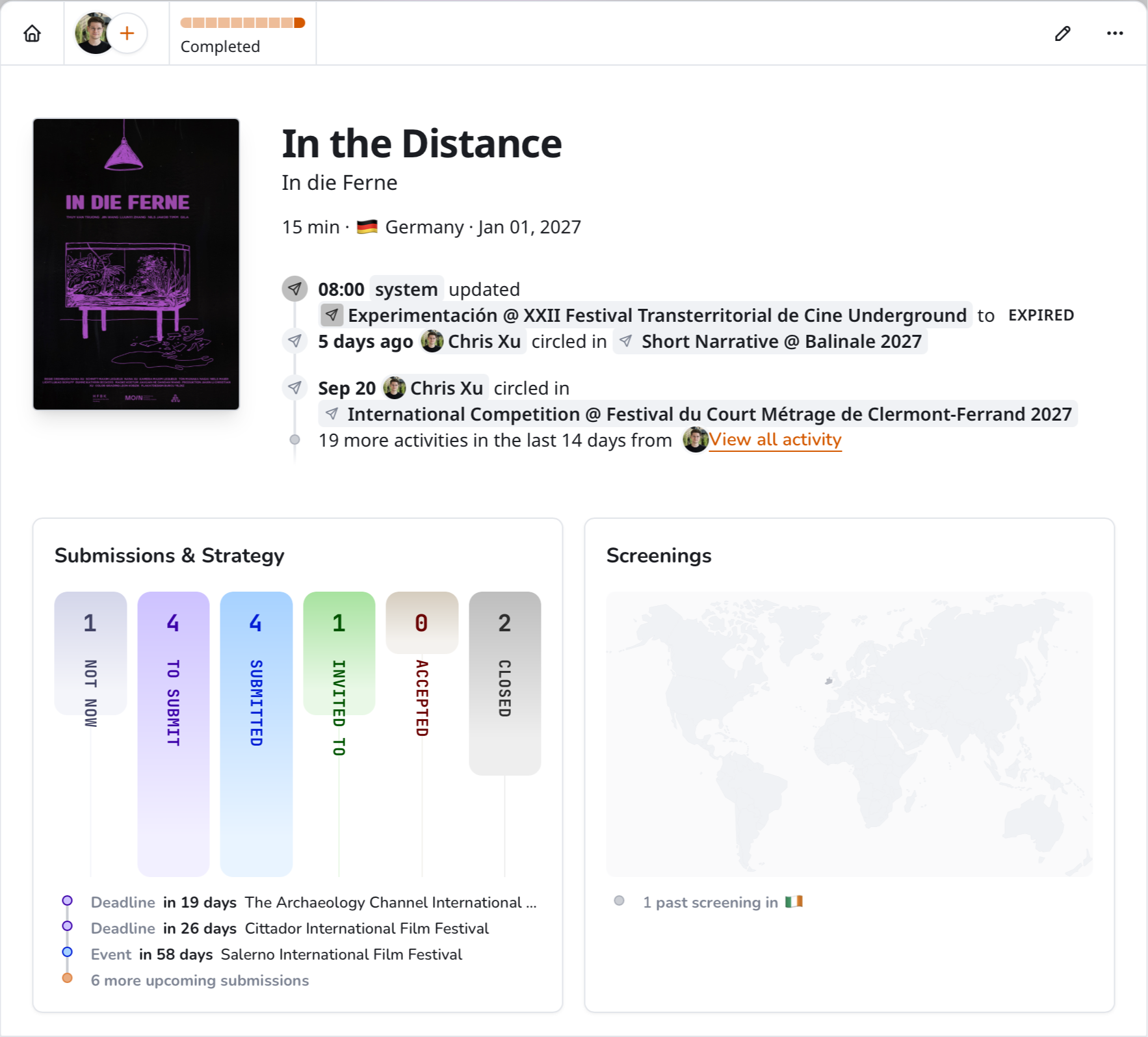 Project overview with recent activity, submission status, upcoming deadlines, and a screening map