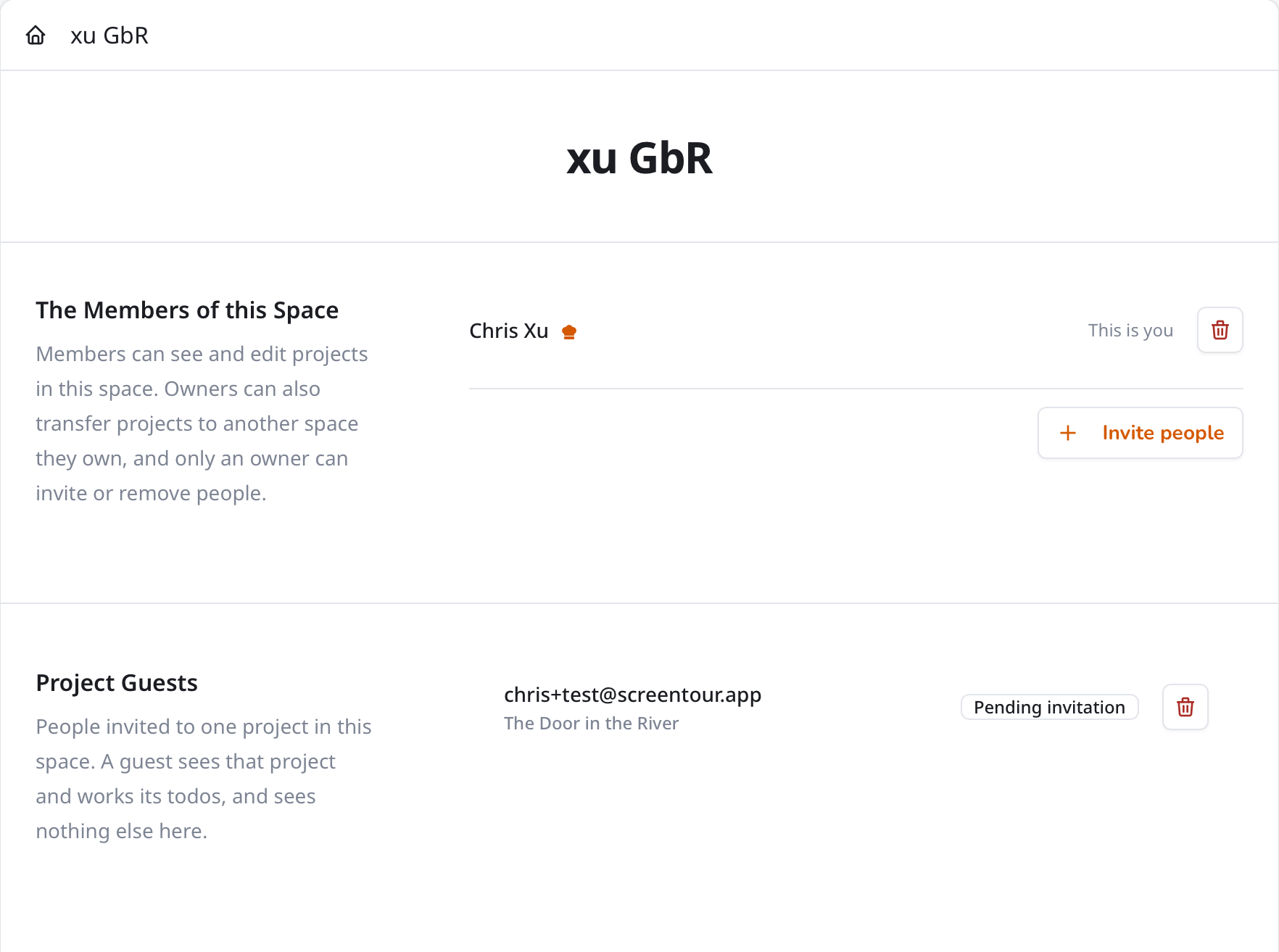 Space sharing settings with team members, project guests, and invitations